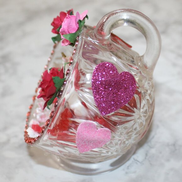 HAND CRAFTED Valentines Day Decor Ornament Table Upcycled Cup Unicorn Red Gift - Picture 3 of 12